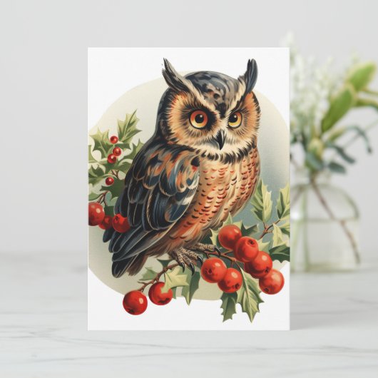 Vintage kerst uil feestdagenkaart (Staand voorkant)