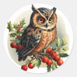 Vintage kerst uil ronde sticker