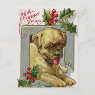 Vintage Kerst Vakantie Holly hond briefkaart