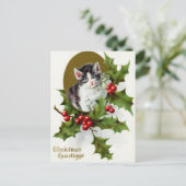 Vintage Kerst Vakantie kat hulst briefkaart (Staand voorkant)