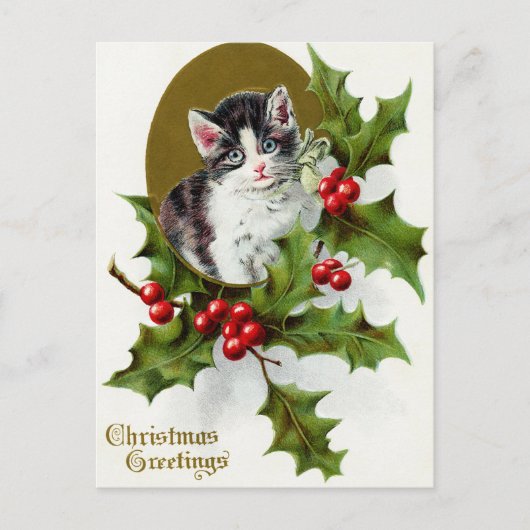Vintage Kerst Vakantie kat hulst briefkaart (Voorkant)
