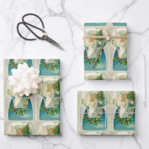 Vintage Kerst Victoriaans engel en boomblauw Inpakpapier Vel