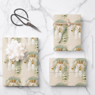 Vintage kerst Victoriaans engeltjes en bomen Inpakpapier Vel