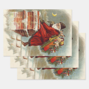 Vintage kerst Victoriaans Sint Nicolaas op het dak Inpakpapier Vel