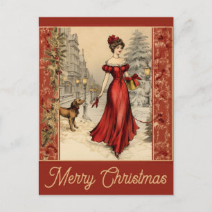 Vintage Kerst Victoriaans Vrouw Hond Briefkaart