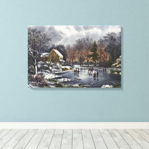 Vintage kerst, vroege winterschaatsers op een vijv canvas afdruk
