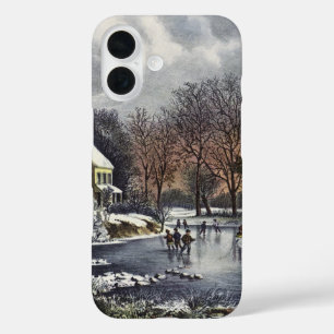 Vintage kerst, vroege winterschaatsers op een vijv iPhone 16 hoesje