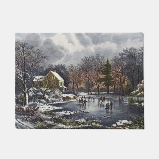 Vintage kerst, vroege winterschaatsers op een vijv deurmat (Voorkant)
