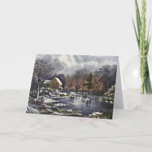 Vintage kerst, vroege winterschaatsers op een vijv feestdagen kaart