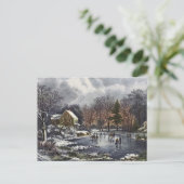 Vintage kerst, vroege winterschaatsers op een vijv feestdagenkaart (Staand voorkant)