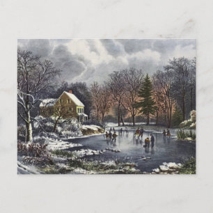 Vintage kerst, vroege winterschaatsers op een vijv feestdagenkaart