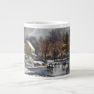 Vintage kerst, vroege winterschaatsers op een vijv grote koffiekop