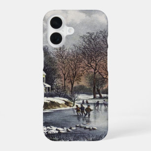 Vintage kerst, vroege winterschaatsers op een vijv iPhone 16 hoesje