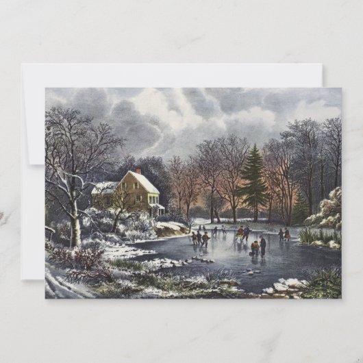 Vintage kerst, vroege winterschaatsers op een vijv kaart (Voorkant)