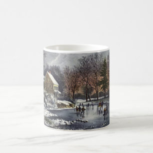 Vintage kerst, vroege winterschaatsers op een vijv koffiemok