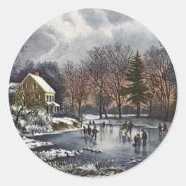 Vintage kerst, vroege winterschaatsers op een vijv ronde sticker