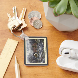 Vintage kerst, vroege winterschaatsers op een vijv sleutelhanger