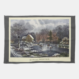 Vintage kerst, vroege winterschaatsers op een vijv theedoek