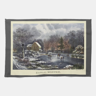 Vintage kerst, vroege winterschaatsers op een vijv theedoek