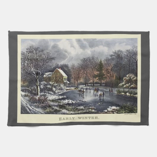Vintage kerst, vroege winterschaatsers op een vijv theedoek (Horizontaal)