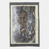 Vintage kerst, vroege winterschaatsers op een vijv theedoek (Verticaal)