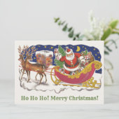 Vintage kerst, vrolijke kerstman met slee kaart (Staand voorkant)