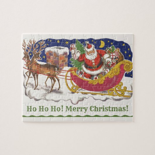 Vintage kerst, vrolijke kerstman met slee legpuzzel (Horizontaal)