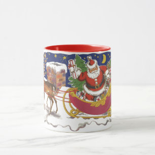 Vintage kerst, vrolijke kerstman met slee mok