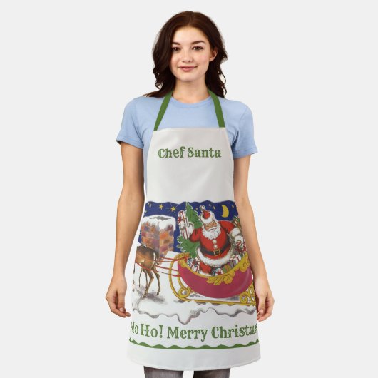 Vintage kerst, vrolijke kerstman met slee schort (Gedragen)