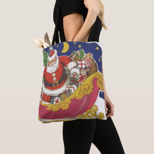 Vintage kerst, vrolijke kerstman met slee tote bag (Dichtbij)