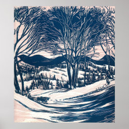 Vintage Kerst, Winter Sneeuw Berglandschap Poster