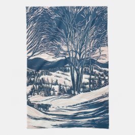 Vintage Kerst, Winter Sneeuw Berglandschap Theedoek