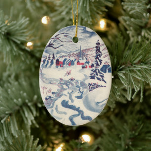 Vintage Kerst, Winter Village Sneeuwlandschap Snee Keramisch Ornament