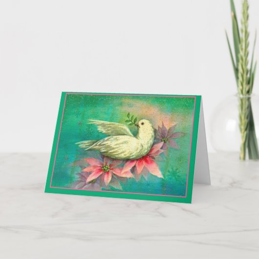 Vintage Kerst Witte Duif Roze Poinsettia Kaart (Voorkant)