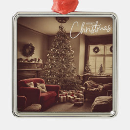 Vintage Kerst Woonkamer Boom met Cadeaus Metalen Ornament