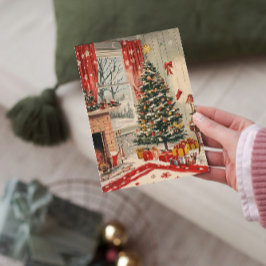 Vintage Kerst Woonkamer met Feestelijk Huis Feestdagenkaart