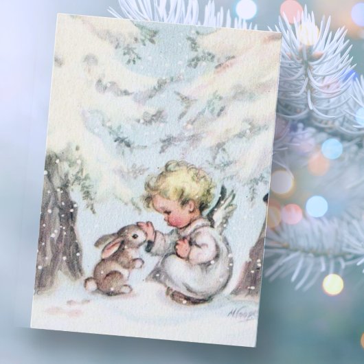 Vintage Kerstangel Baby en Bunny Holiday Feestdagenkaart