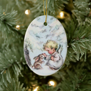 Vintage Kerstangel Baby en Bunny Holiday Keramisch Ornament