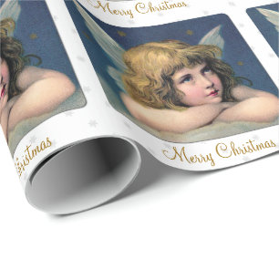 Vintage Kerstangel Kind en Snowflakes Cadeaupapier