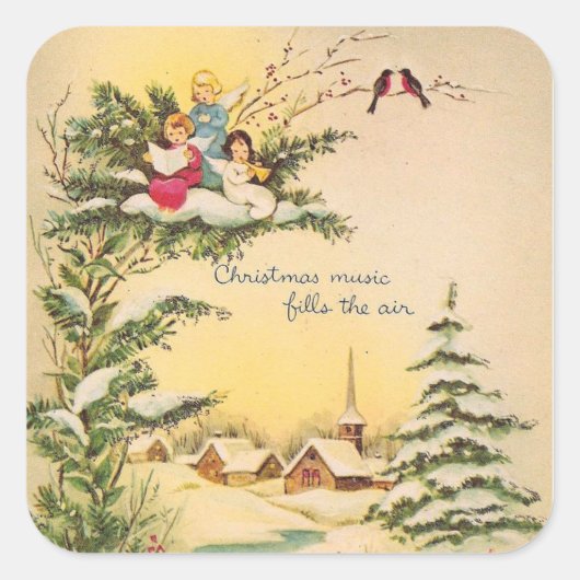 Vintage kerstangels in de boom vierkante sticker (Voorkant)