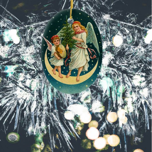 Vintage kerstangels op de maan keramisch ornament