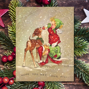 Vintage Kerstangels voedende Baby Deer Feestdagenkaart