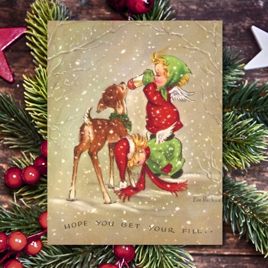 Vintage Kerstangels voedende Baby Deer Feestdagenkaart