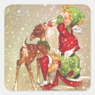 Vintage Kerstangels voedende Baby Deer Vierkante Sticker