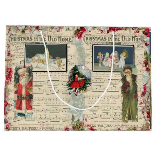 Vintage-kerstantas, kinderen, muzieknoten groot cadeauzakje (Achterkant)