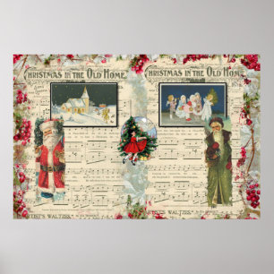 Vintage-kerstantas, kinderen, muzieknoten poster