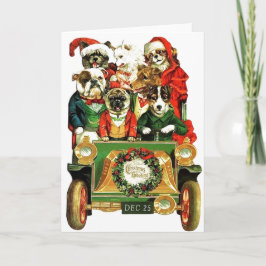 Vintage kerstauto met honden feestdagen kaart