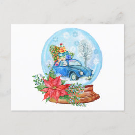 Vintage kerstauto, Poinsettia Snow Wereldbol Briefkaart