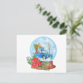 Vintage kerstauto, Poinsettia Snow Wereldbol Briefkaart (Staand voorkant)