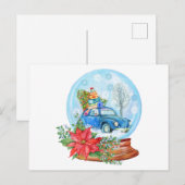 Vintage kerstauto, Poinsettia Snow Wereldbol Briefkaart (Voorkant / Achterkant)